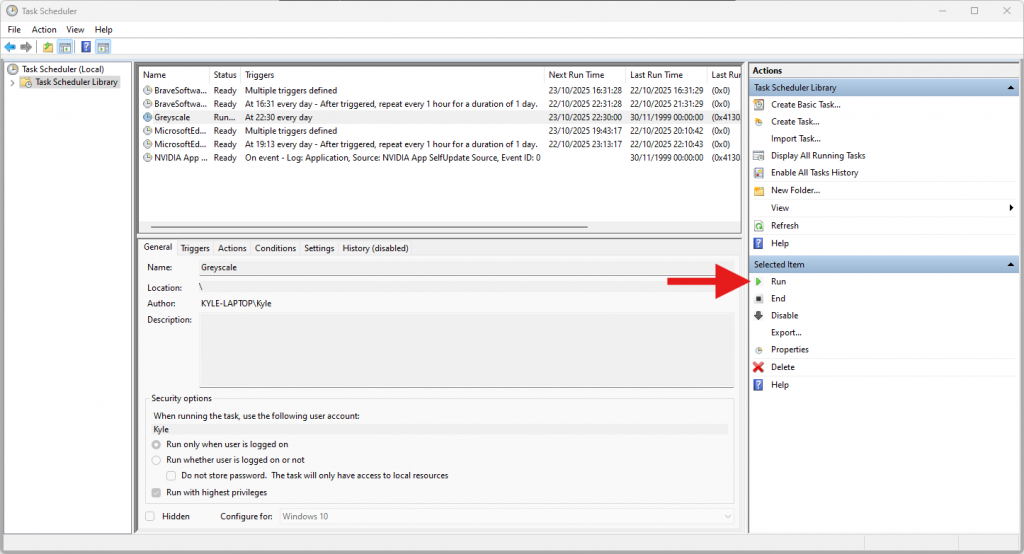 Task Scheduler UI showing how to manually run the greyscale task.