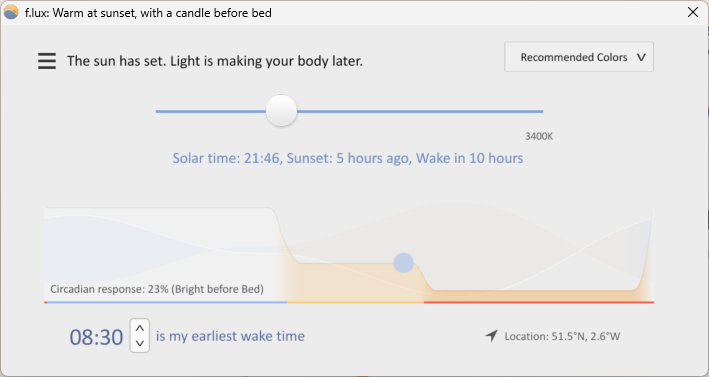 f.lux UI showing warmness of screen colours throughout the day.