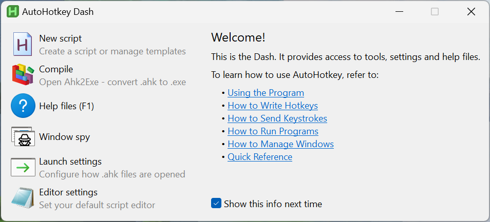 AutoHotkey dashboard showing the options available for creating automation scripts.