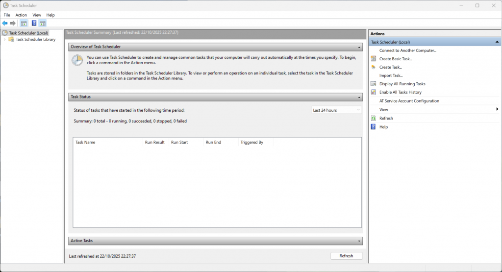 Task Scheduler UI showing options for scheduling new tasks.