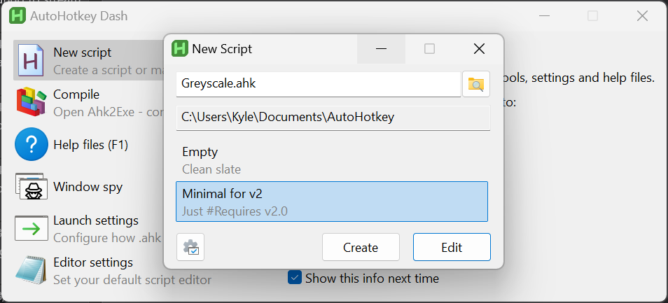 AutoHotkey UI showing how to create a new V2 script.
