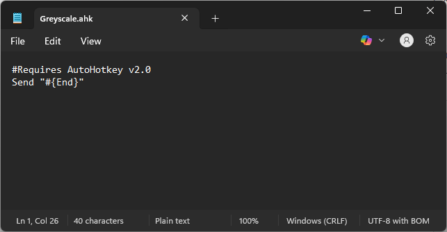 Notepad application showing the script for automating a windows + e keyboard shortcut.