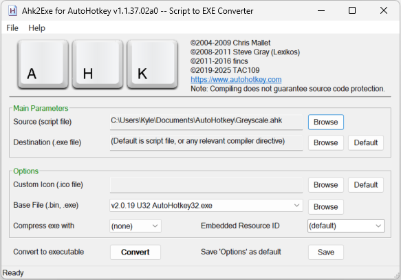 AutoHotkey compile UI for compiling a script to an executable file.