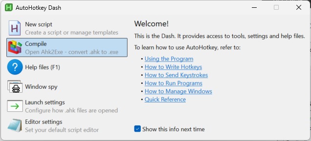 AutoHotkey UI showing which button to press to compile a script to an executable file.