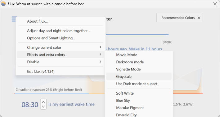 f.lux UI showing how to access the greyscale filter option.